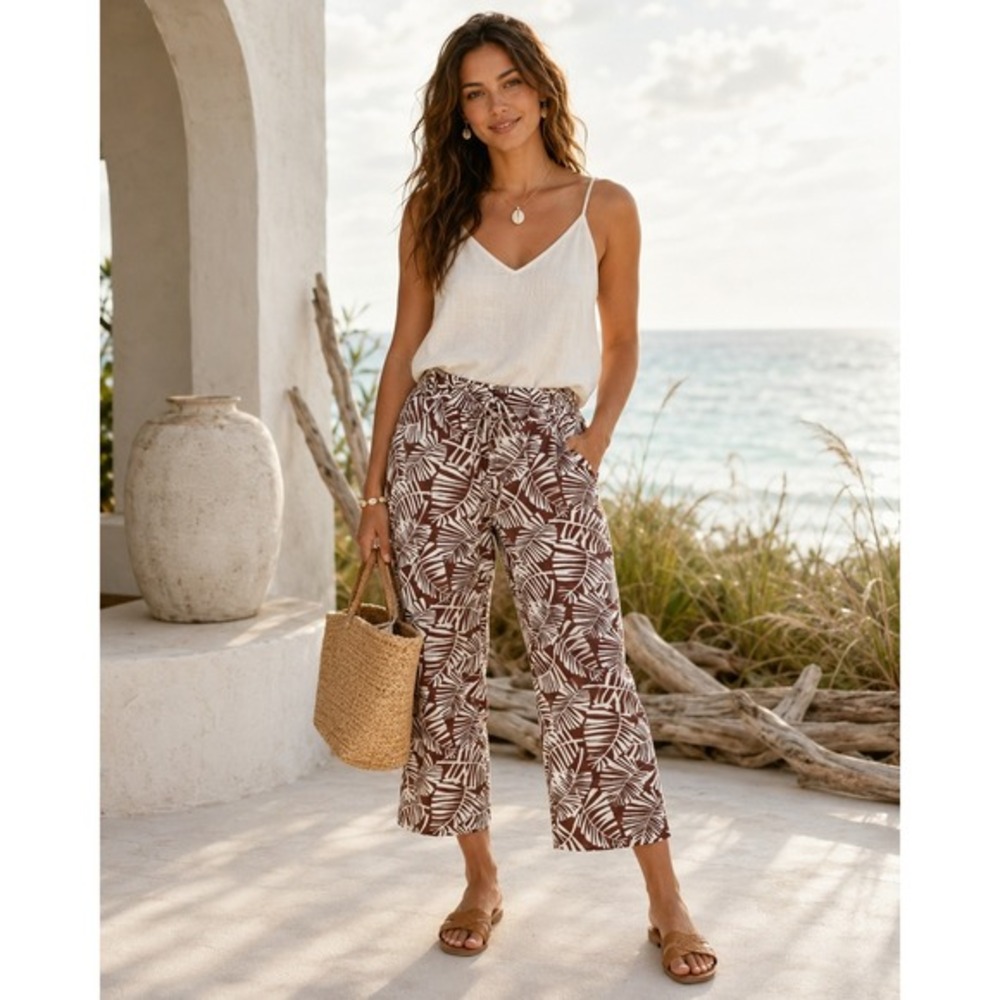 Tropical Leaf Linen Blend Wide‎ Leg Crop Pants Brown White Pull On Boho Women S